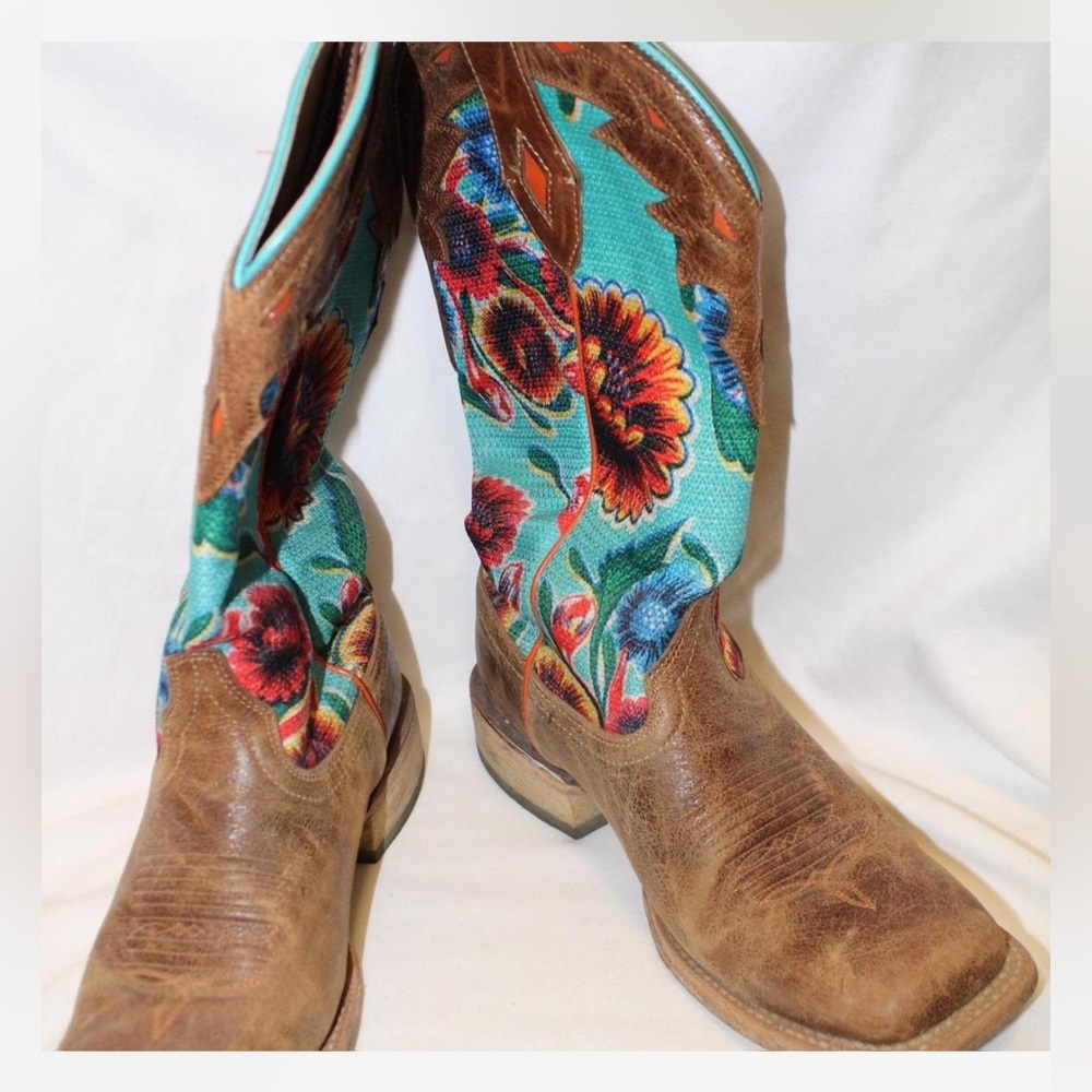 Brown and teal floral cowgirl boots. Square toe.